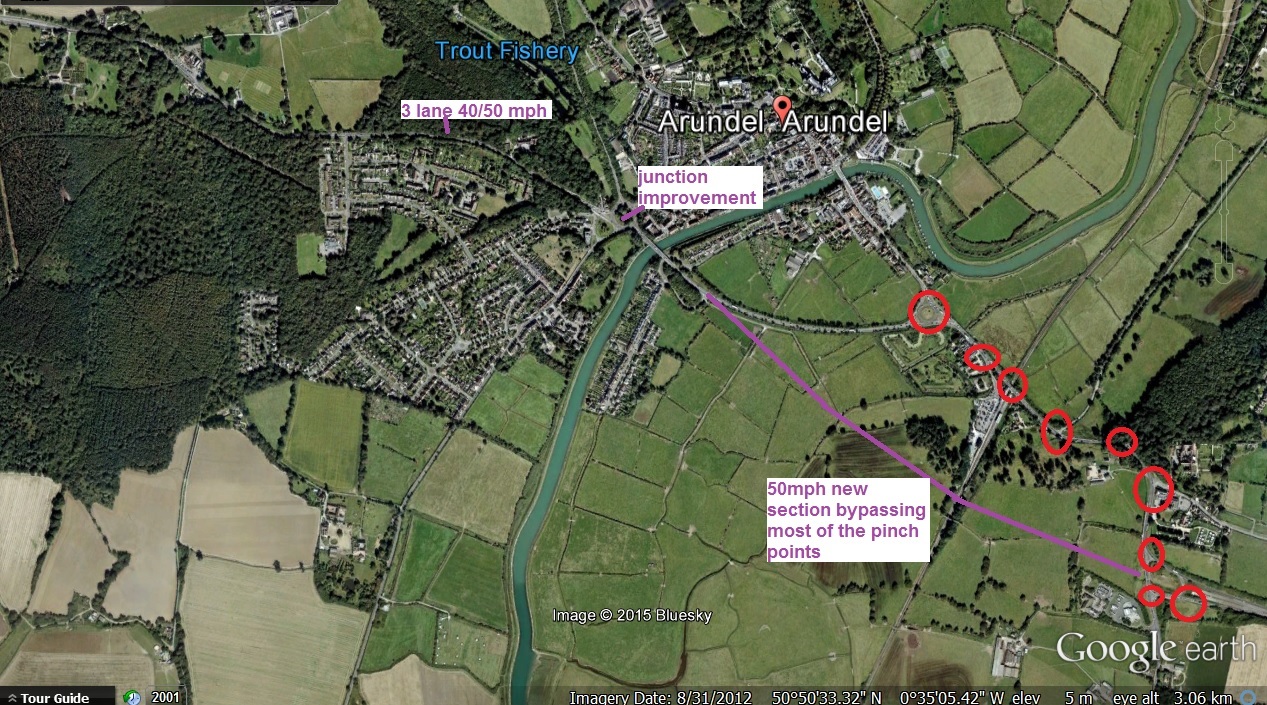 Map shows how a short Arundel bypass cuts out most of the A27 pinch points that lead to traffic queuing